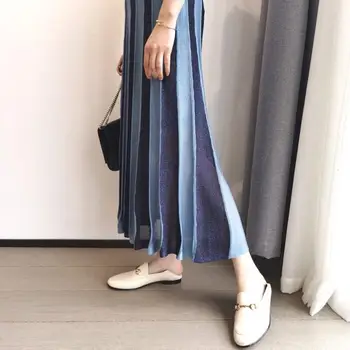

Women Skirt 2020 Spring and Summer Skirt Women Blue Bright Silk Knitted Pleated Skirt Women A-Line Midi Skirt