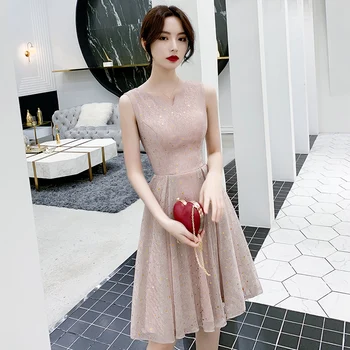 

Pink Women Quality Sequins Qipao Elegant Evening Party Dress Gown Mini Sexy Cheongsam Summer V-Neck Mesh Gown Vestidos