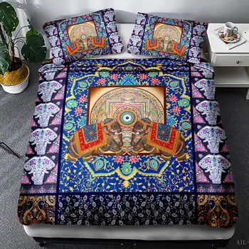 

Free shipping Mandala Elephant Linen Set Bohemian Bed for adult 3D duvet vintage luxury style geometric home textile 3 pieces