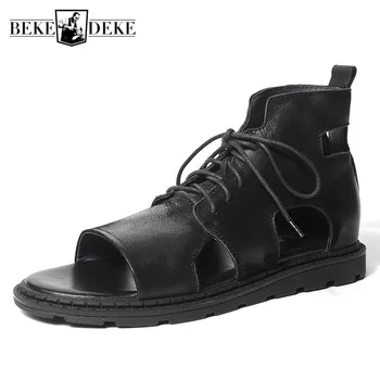 

Ankle Gladiator Flats Sandals Men Genuine Leather Lace Up Rome Style Punk Summer Beach Sandals Breathable Outdoor Casual Shoes