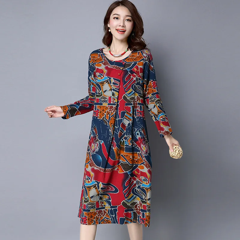 

Origional Design 2019 Spring New Style Loose Cotton Linen Long-sleeved Dress Literature And Art Printed Pleated Retro Medium-len