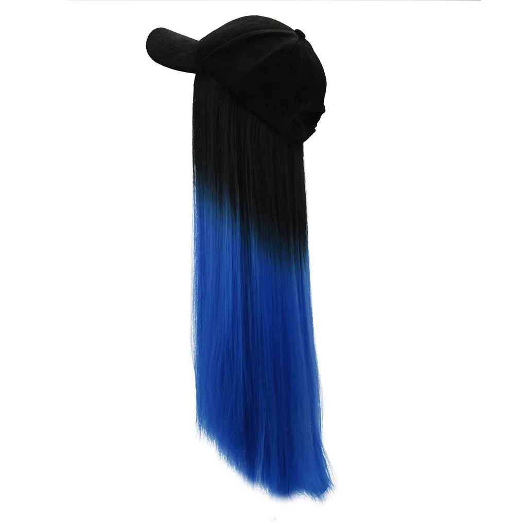 Цветная шляпа парик один парик женский длинные прямые волосы набор париков шляпа градиент Бейсбол шапки - Цвет: BU