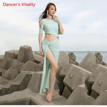 

New Women 2 Piece Bellydance Suit Team Summer Dance Practice Team Cothes Mesh Sexy Long Top Skirt Skirt Free Shipping