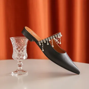 

MLJUESE 2020 women slippers Soft cow leather Rome style summer string bead pointed toe silver color sandals party size 40