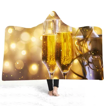 

Plush Hooded Blanket 3D Champagne Picture Print Warm Sherpa Blankets Wearable Fleece Blanket Winter Outdoor Home Sofa Bed Cover