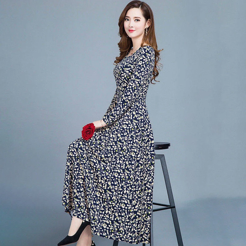 

Autumn Long Sleeve Maxi Dress Fashion Vintage Floral Printed Slim Round Neck Boho Beach Long Dresses Sundress Vestidos