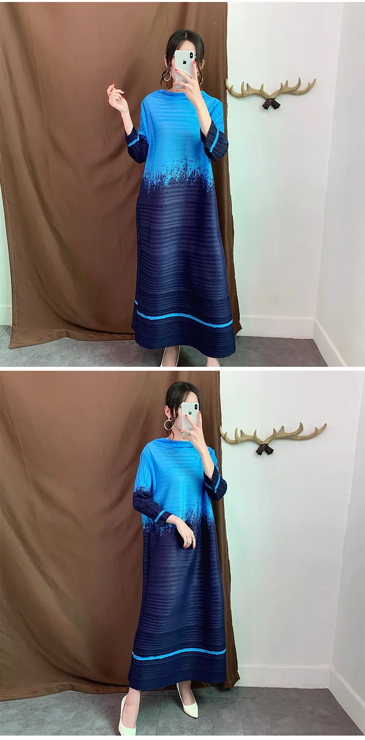 Changpleat Весенние новые женские платья Miyak плиссированные модные градиентные с длинным рукавом Свободные Большие размеры 3/4 рукав женское длинное платье D90