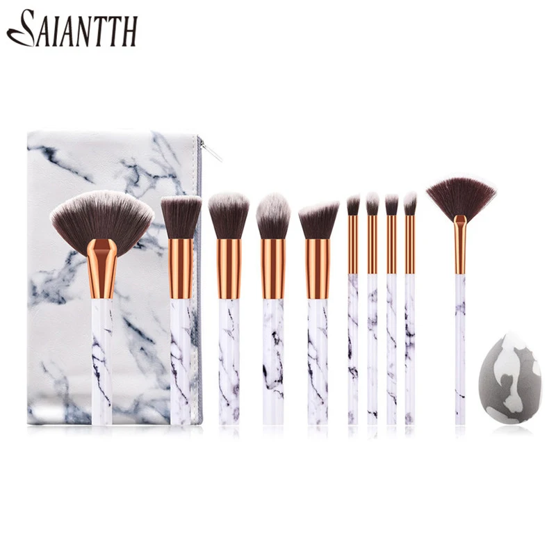 

SAIANTTH 10pcs marble Fan makeup brushes set professional face eye cosmetic tool foundation eyeshadow brush kit with bag puff