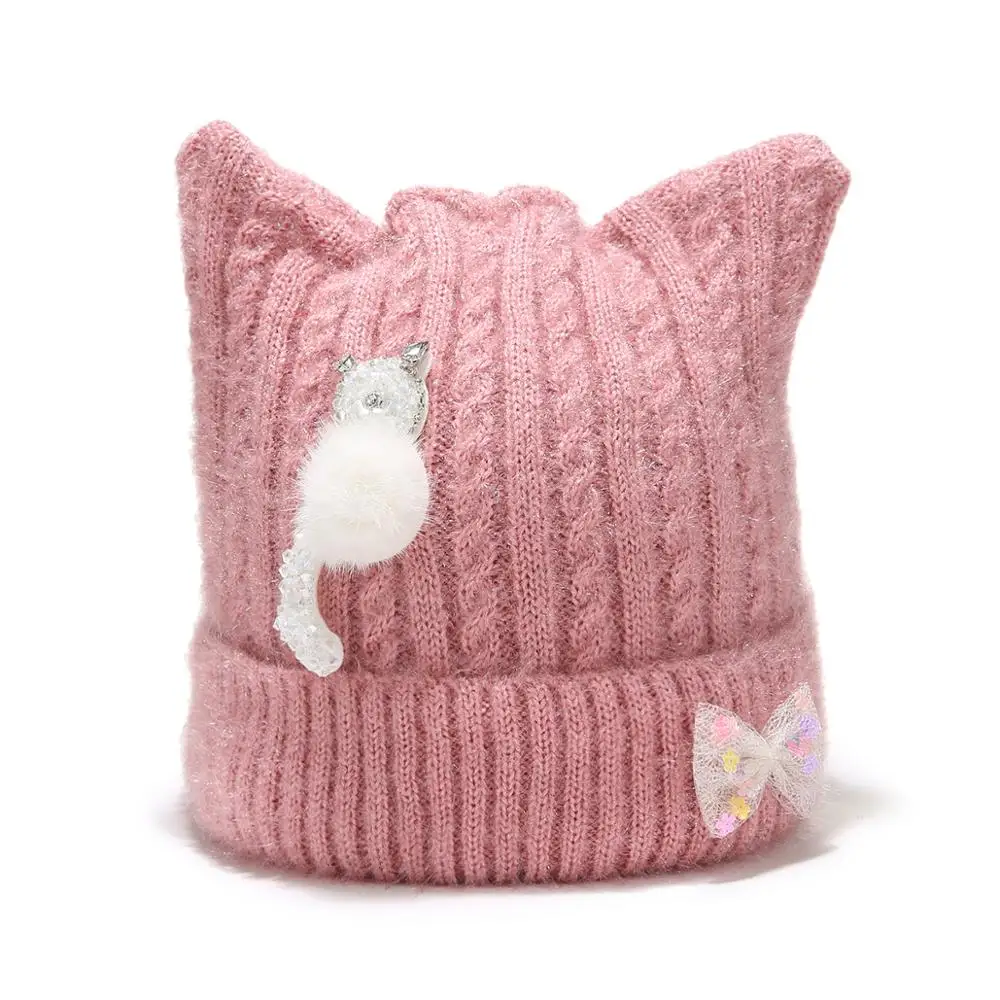 

Winter Knitted Hats Women Cute Cat Ears Beanies Skullies Female Knit Floret Warm Caps With Ear Girls Fashion Bonnet T-022