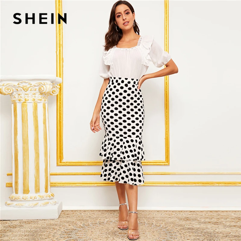 SHEIN, черно-белая многослойная юбка в горошек с подолом в виде рыбьего хвоста, элегантная юбка для женщин, осень, высокая талия, широкий пояс, вечерние Юбки-миди