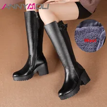 ANNYMOLI/теплые шерстяные зимние сапоги; женские сапоги до колена из натуральной кожи на толстом высоком каблуке; обувь на молнии с круглым носком; женская зимняя обувь; размер 42