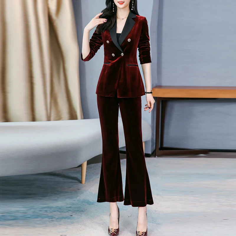 アウトレット モール 価格 フォーマルスリムフィット女性のビジネスワーク2個スーツ紺ベルベットオフィスレディースファッションスタイリッシュなスーツ ジャケットフレアパンツセット オンラインストア安い Ongoing Southloopmarket Com
