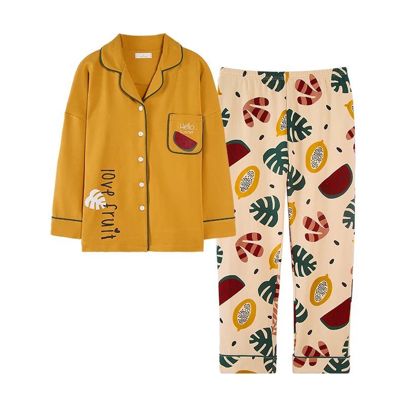 

New Casual Style Turn Down Collar Long Sleeve Long Pants Yellow Pajamas Set Women Pjs Homesuit Homeclothes Sleepwear Pj Set