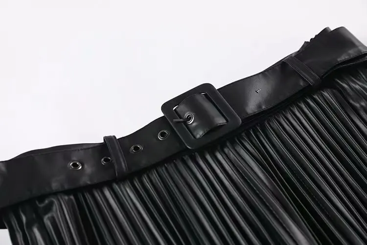2020 New Fashion Womens Pleated Skirt High Waist Loose Faux Leather Skirts Black Casual Belt Zipper Streetwear Autumn Skirt