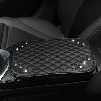 

Car Center Console Cover Pad Leather Bling Crystal Car Vehicle Armrest Cushion Universal Fit For Most Car Black Car Accessories