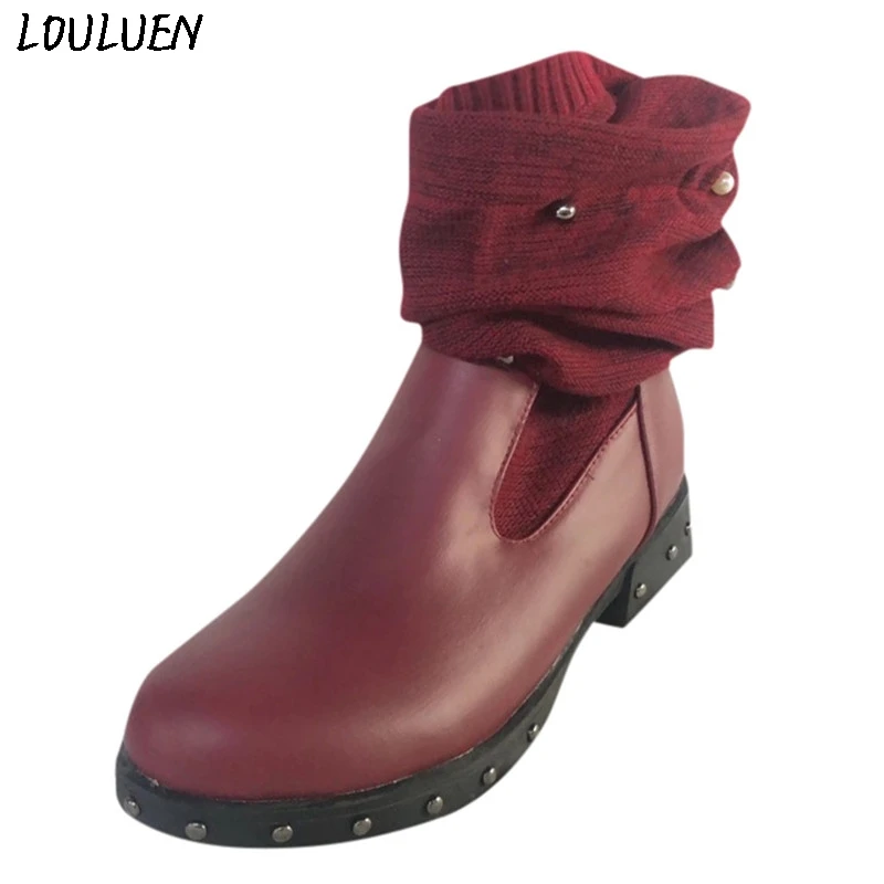 LOULUEN/ г. Ботинки модная женская кожаная обувь без шнуровки с круглым носком Нескользящие теплые высокие сапоги подарок в римском стиле, Laarzen Bottes Mujer