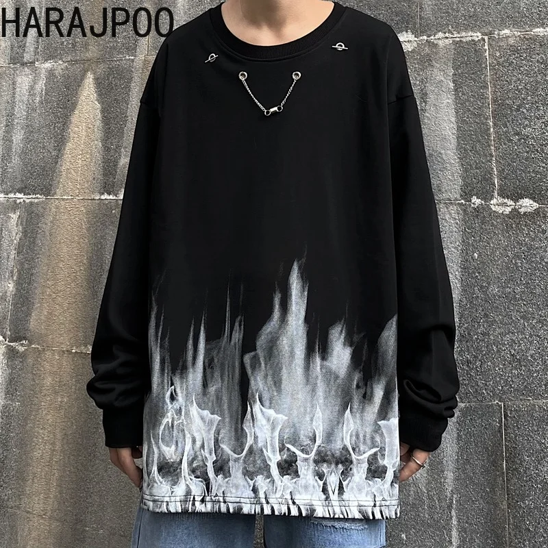 Harajpoo Female Sweatshirt Autumn Winter Korean INS Street Flame Printing Necklace Couple Casual Loose Crewneck Clothing Gothic | Женская