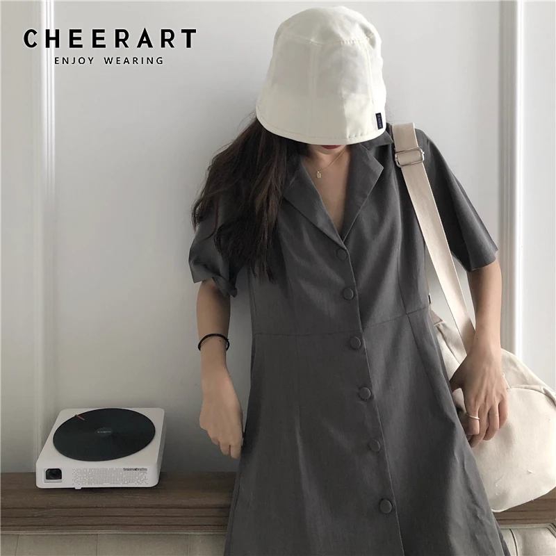 

Cheerart Blazer Dress Summer Short Sleeve A Line Tunic Button Dress Korean Style Women Black Grey Mini Dresses Clothes