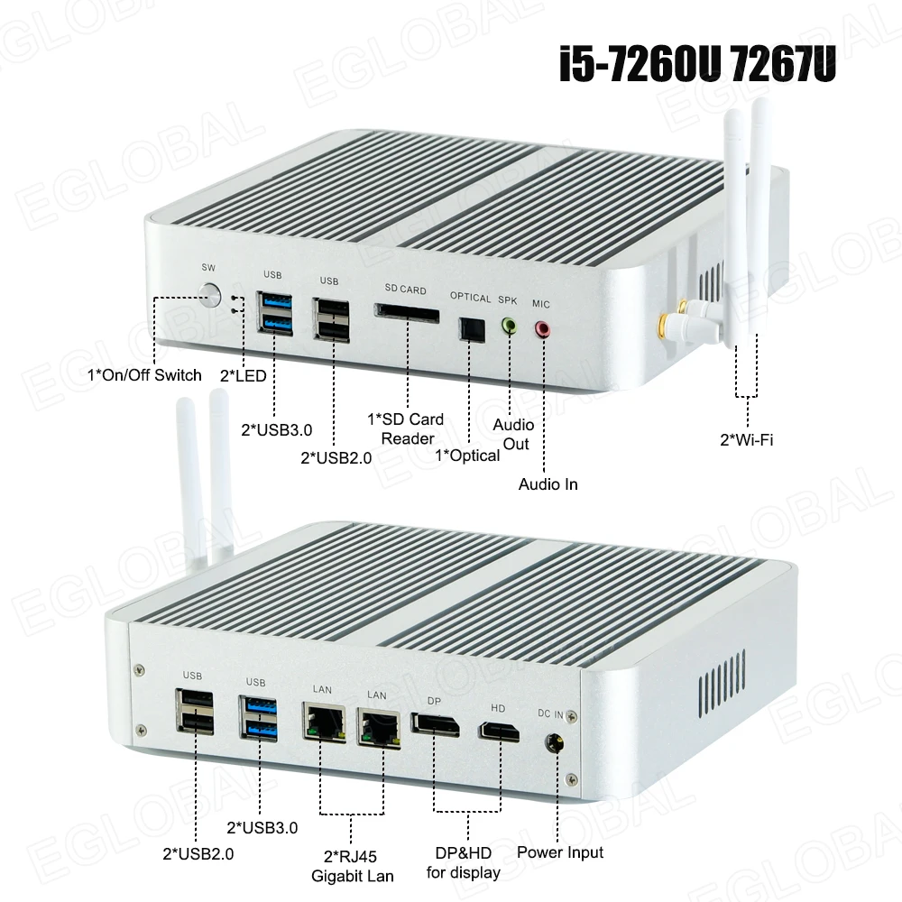 Eglobal Fanless Mini Computer Intel i7-1065G7 10510U i5 8265U 2*DDR4 Msata+M.2 PCIE Gaming PC Windows 10 HTPC Nuc VGA DP HDMI-4