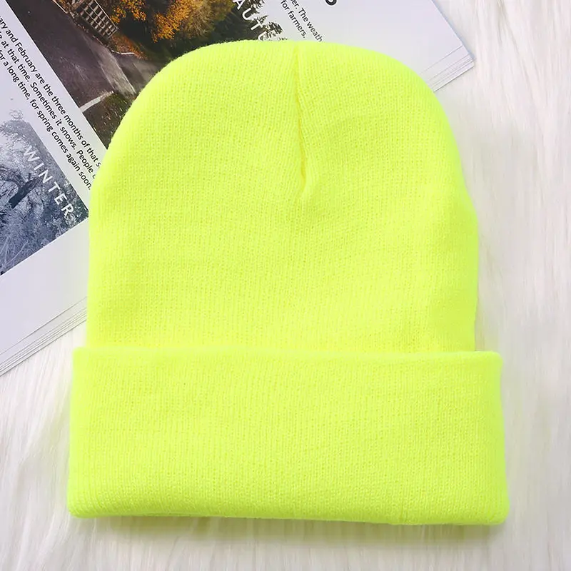 Зимние шапки для женщин, Новые Вязаные шапки, одноцветные милые шапки для девочек, осенние женские шапки, теплые шапки, женские повседневные Шапки - Цвет: Fluorescent yellow