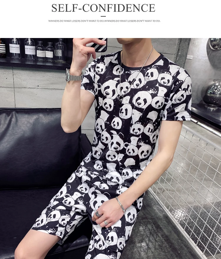 Модный тренд Dier Afdrukken Kleur Повседневный тонкий Straat Sportkleding tweddelige mannen шорты Korte mouwen Twee stuk Горячие koop