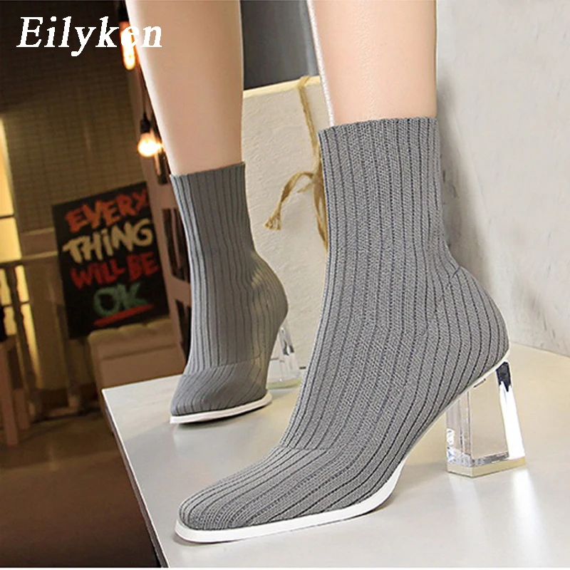 

Eilyken Women Boots Crystal High Heels Winter Knitting Ankle Stretch Fabric Pointed Toe Female Sock Boot Shoes Ladies 2020 New