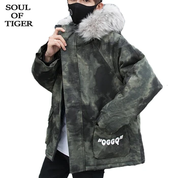 

SOUL OF TIGER 2019 Korean Brand Fashion Mens Vintage Camouflage Parkas Male Loose Hooded Jackets Winter Warm Padded Thick Coats