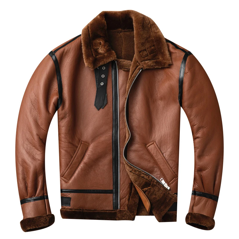 

2020 Brown Men World War II B3 Bomber Shearling Jacket Plus Size XXXL Genuine Sheepskin Russian Winter Military Shearling Coat