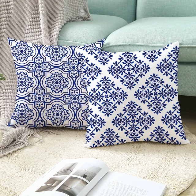 Blue White Porcelain Print Cushions Case Bohemian Style Mandala Geometry Pillows Case Modern Fashion Sofa Chairs Throw Pillows 4