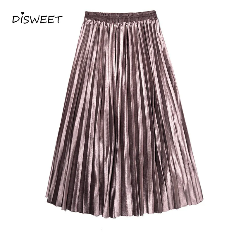 Плиссированная юбка из золотого бархата в стиле Харадзюку, женская модная юбка средней длины, плиссированные юбки, осенняя приталенная юбка трапециевидной формы с высокой талией