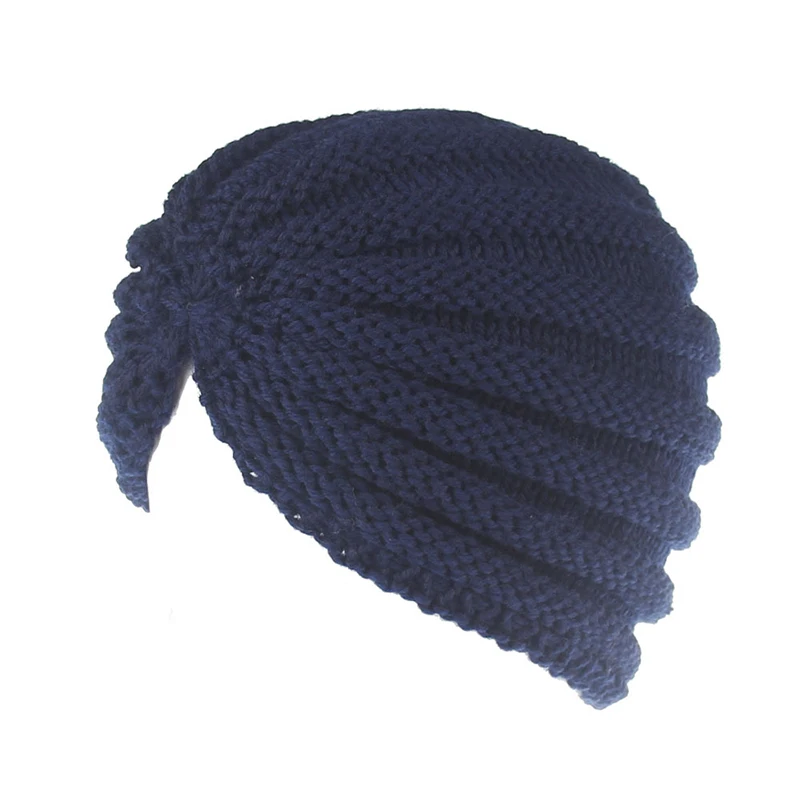 Female Knitted Hat Cap Hat India Hat beanie Ladies Hair Accessories winter cap Crochet Turban Female Head Wraps winter hat - Цвет: Тёмно-синий