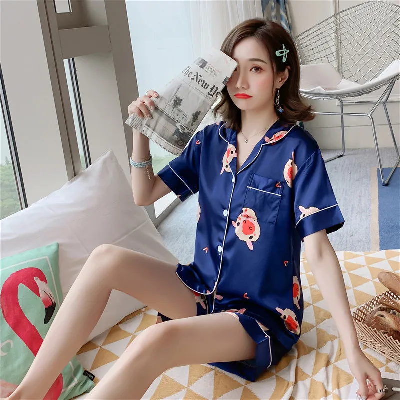 

2019 Summer New Style Imitated Silk Pajamas WOMEN'S Short Sleeved Shorts Cardigan Homewear Set 350 # M -Xxl