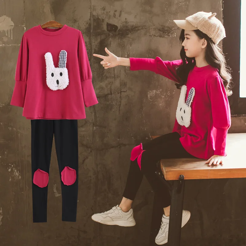 

Korea Style Fall Winter Suit For Girls Long Sleeve Rabbit Cartoon Pullover Hoodies+Patchwork Decor Pants Children's Sports Sets