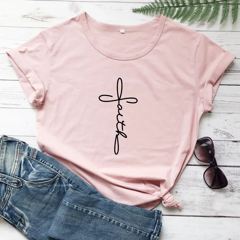 Крест вера футболка с печатными буквами унисекс религиозных христианской церкви футболка лето экипаж шеи Графический лозунг Oversize-футболка - Цвет: peach-black text