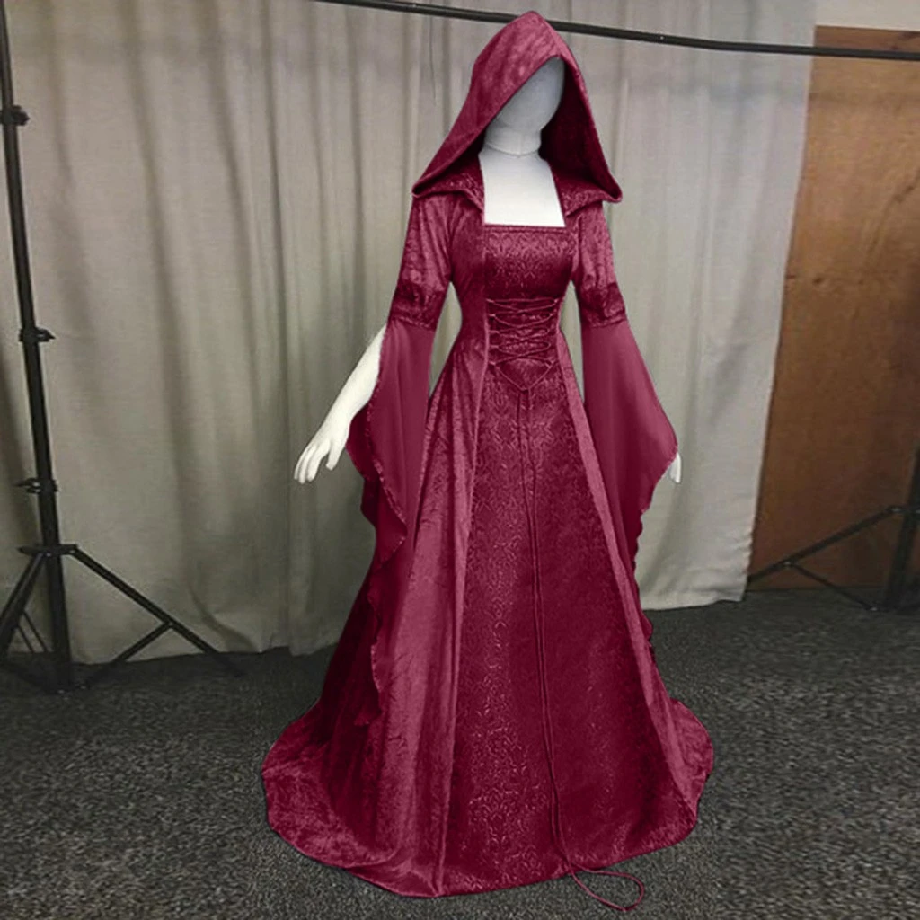 FREE OSTRICH Medieval Dress Gown Robe Palace Princess Dress Adults Vintage Evening Hooded Long Sexy Party Halloween Costume 1014