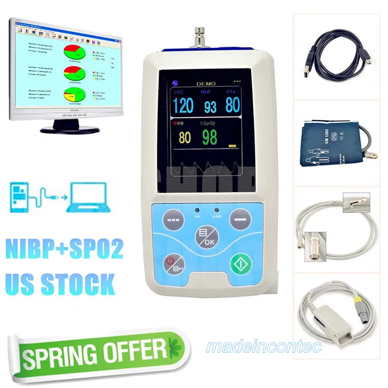 CONTEC PM50 24Hour Portable Dynamic Patient Monitor ABPM+SPO2 AUTO Mode NIBP SPO2 Dispaly Low Battery Software