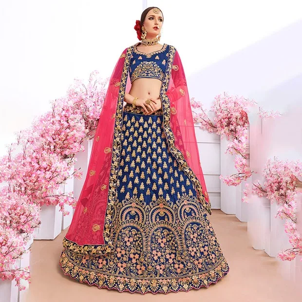 Роскошное индийское платье Lehenga Choli Индия для женщин Свадебное шелковое вышивка нитью Пакистанская одежда Vestido Индиано королевский синий