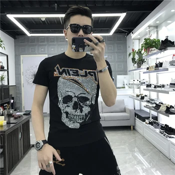 

2020 New Arrival Shining Crystals Diamond Tees Short Sleeve Casual T Shirt Men Skulls Tshirt Cotton T-shirt Summer Tops Tees