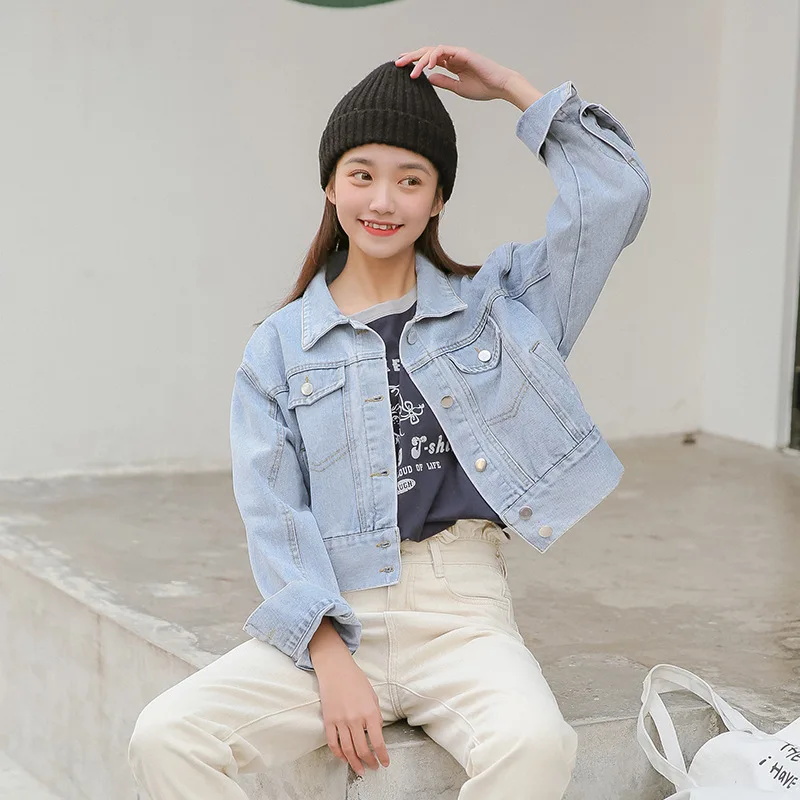 

2019 Autumn New Style Harajuku Short Versatile Long Sleeve Loose-Fit Cowboy Jacket Women's