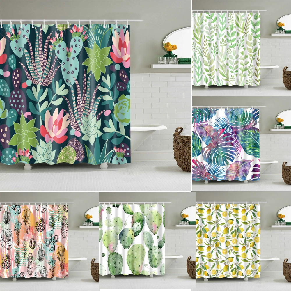 Tropical Plant Shower Curtains Flowers Leaves Bathroom Decor Waterproof