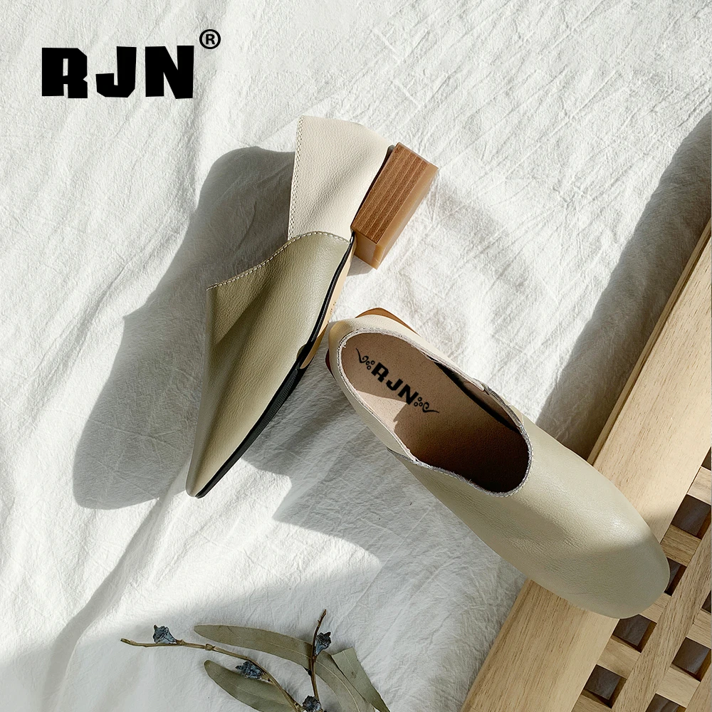 RJN/мягкие женские туфли-лодочки; удобные разноцветные женские туфли из натуральной кожи без застежки с круглым носком на квадратном каблуке; RO18