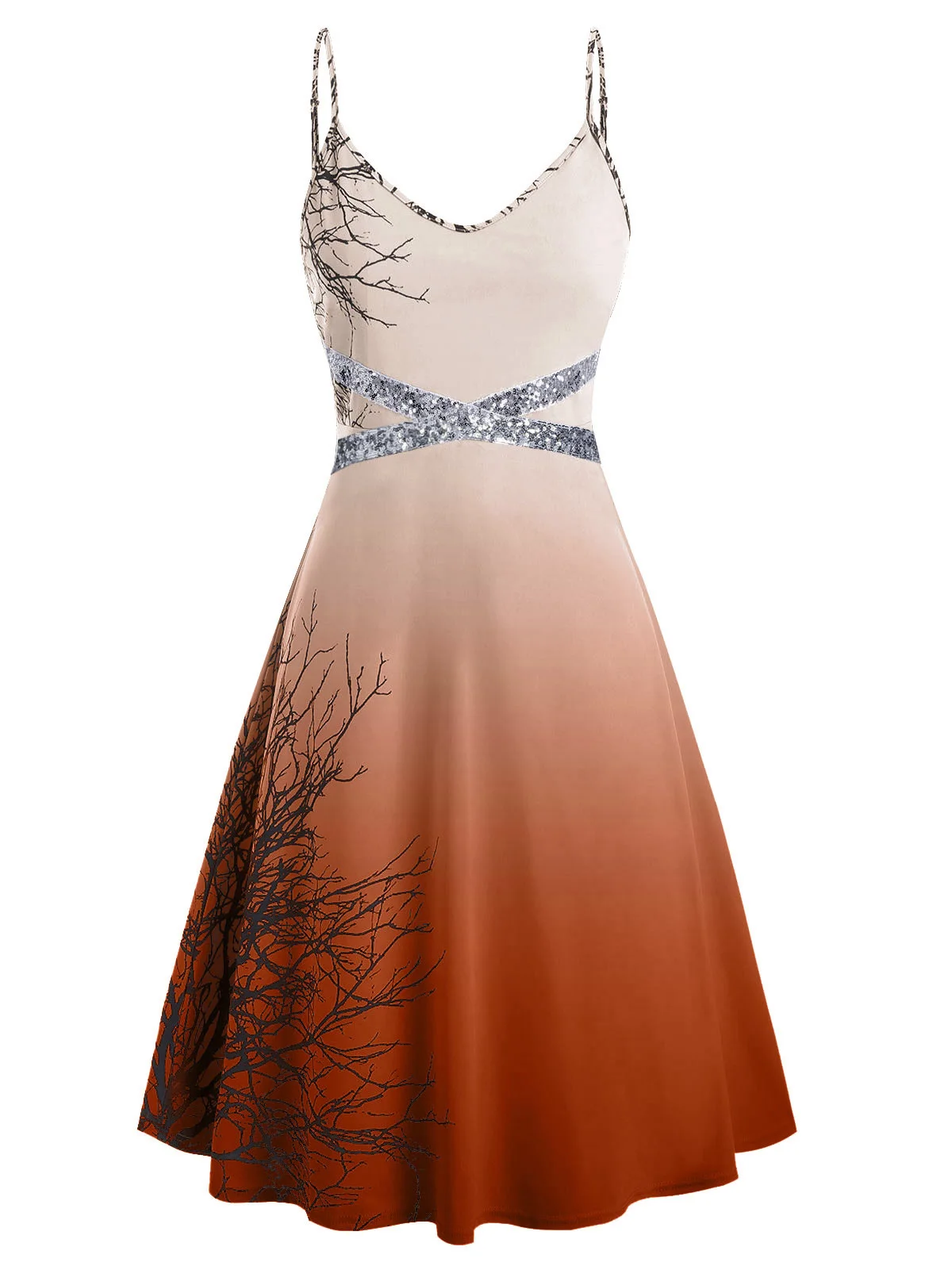 ROSEGAL Plus Size Tree Print Sequin Halloween Cami Dress Spaghetti Strap Tree Cami Dress Mid-Calf Sleeveless A-Line Casual Dress