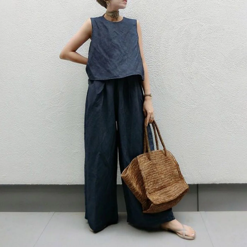 Two Piece Sets For Women Summer Sleeveless Loose Female 2 Pieces Suits Wide Legs Pants Korean Fashion Pullover Tracksuits Setup |