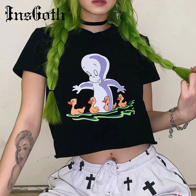 

InsGoth Funny Printed Black T-shirt Women Gothic Punk Crop Tops Tshirt Casual Slim Short Sleeve Summer Streetwear Female Tee Top