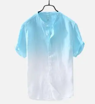 light blue Градиентные мужские блузки, рубашки с коротким рукавом, летние хлопковые блузки, мужские льняные облегающие удобные повседневные рубашки со стоячим воротником - Цвет: light blue