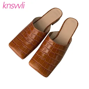 

Square Toe Mules Shoes Women Stone Pattern Leather Lazy Shoes Low Heels Comfort Slippers Woman Slip On Chunky Heel Shoes Woman