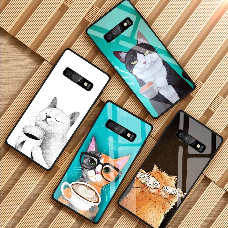 Cute Coffee Milk Cat Tempered Glass Phone Case For Samsung Galaxy S8 S9 S10 S20 PLUS J6 J8 2018 NOTE 8 9 10 Cover Shell | Мобильные
