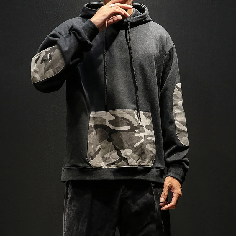 Harajuku Large Sizes Man Hoodies Camouflage Patchwork Men's Sweatshirts Pocket Black Gray Men Hooded Sweatshirts