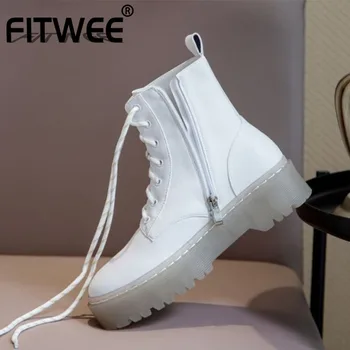 

FITWEE Women Ankle Boots Real Leather Cross Strap Winter Shoes Woman Thick Bottom Fashion Platform Daily Short Boot Size 34-40