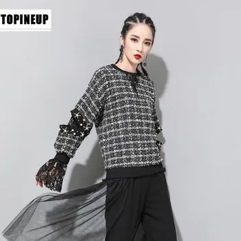 

European classic Vintage plaid Spring casual oversized pullovers fashion Women luxury beaded swearshirts